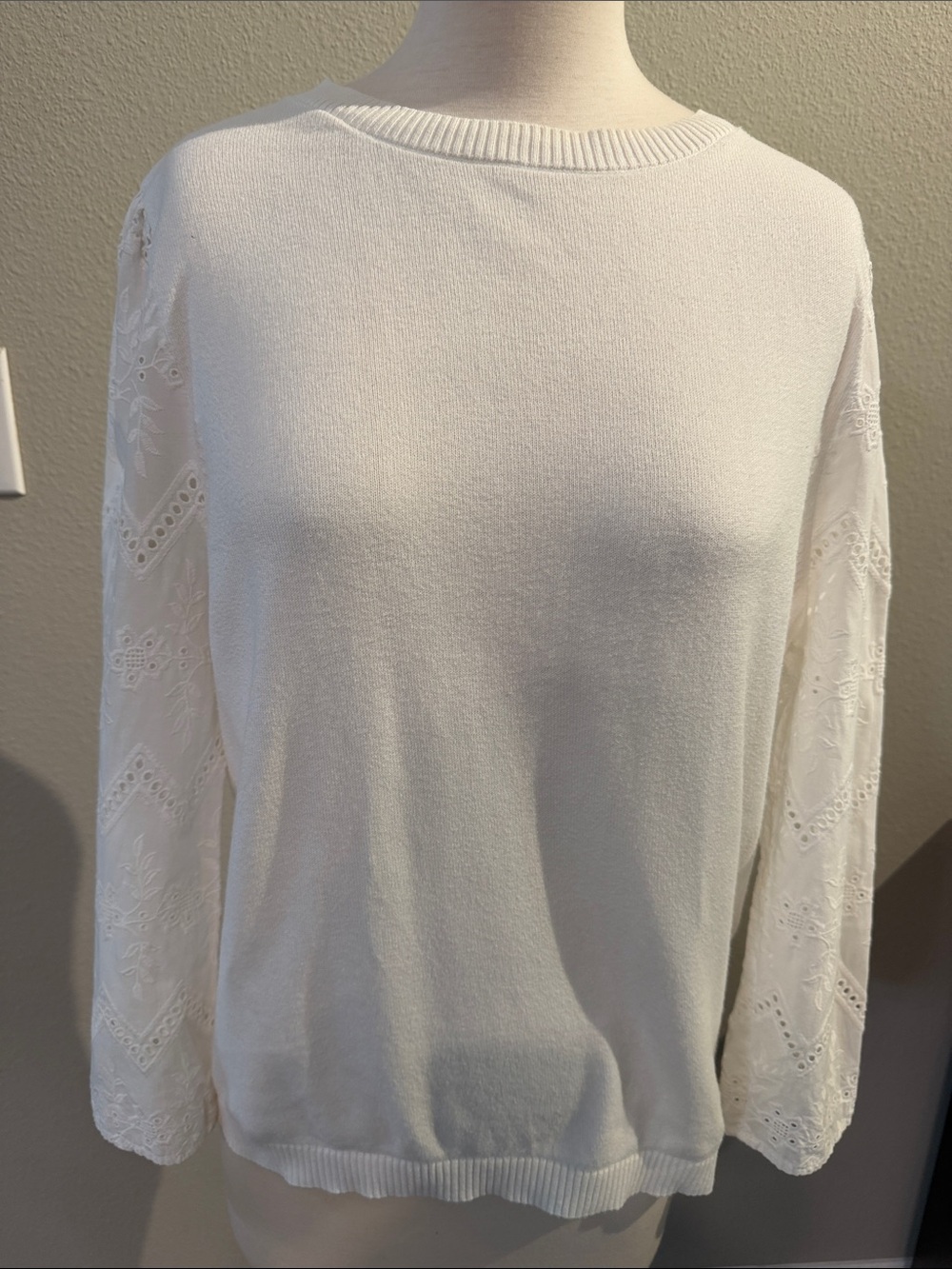 LOFT Cream Crewneck Sweater with Lace Sleeves